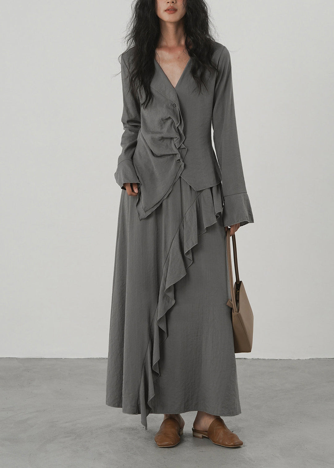 Stylish Grey V Neck Asymmetrical Ruffled Two Pieces Set Long Sleeve
