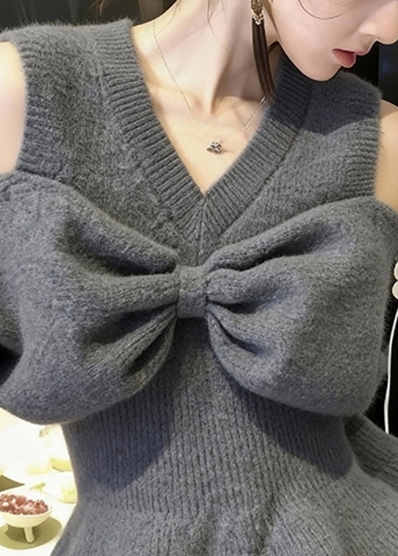 Stylish Grey V Neck Cold Shoulder Bow Knit Sweaters Spring