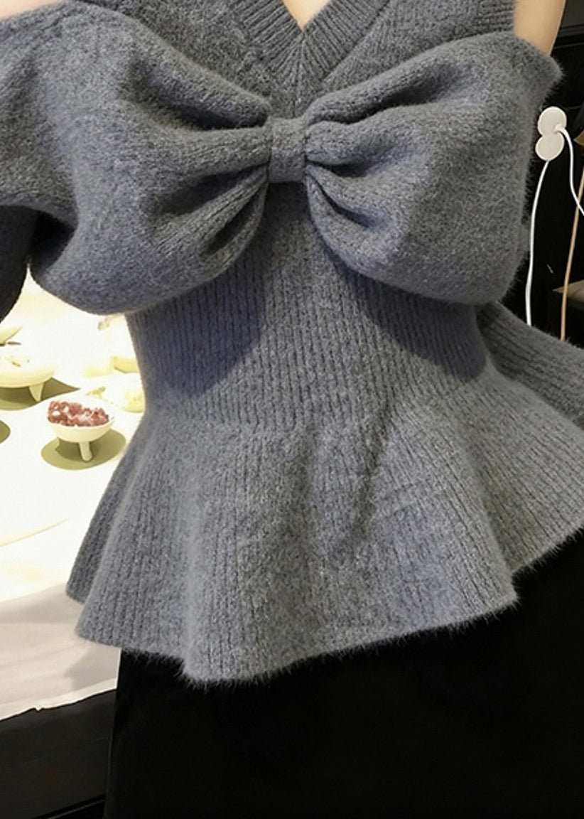 Stylish Grey V Neck Cold Shoulder Bow Knit Sweaters Fall