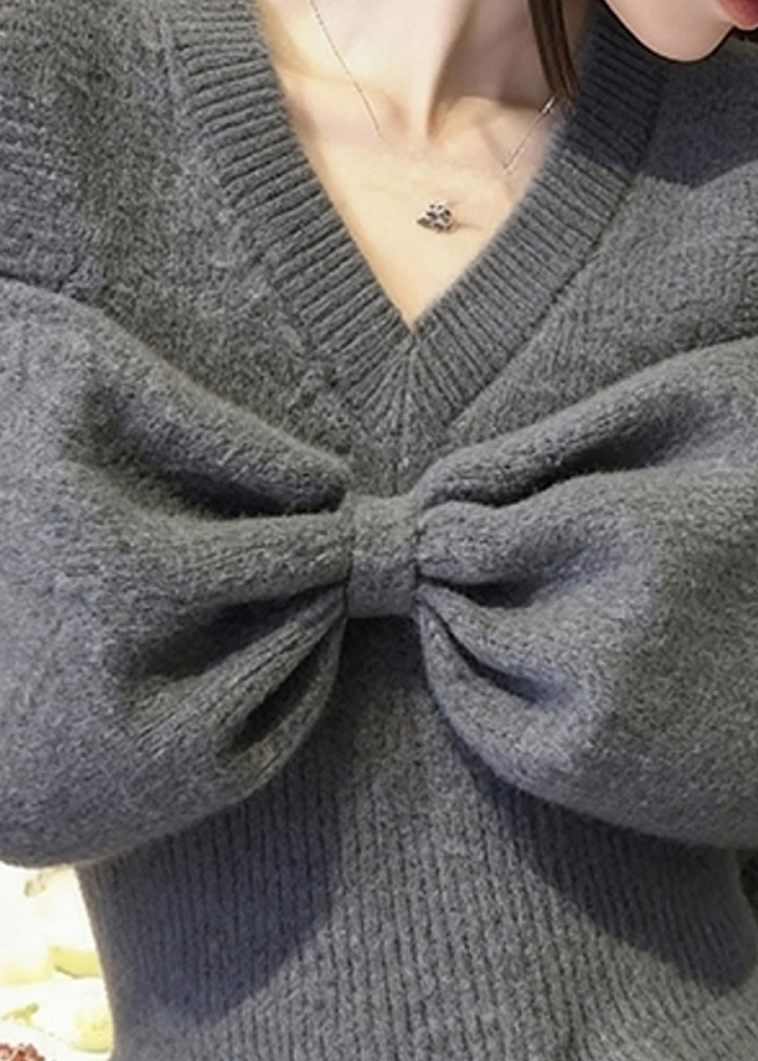 Stylish Grey V Neck Cold Shoulder Bow Knit Sweaters Fall