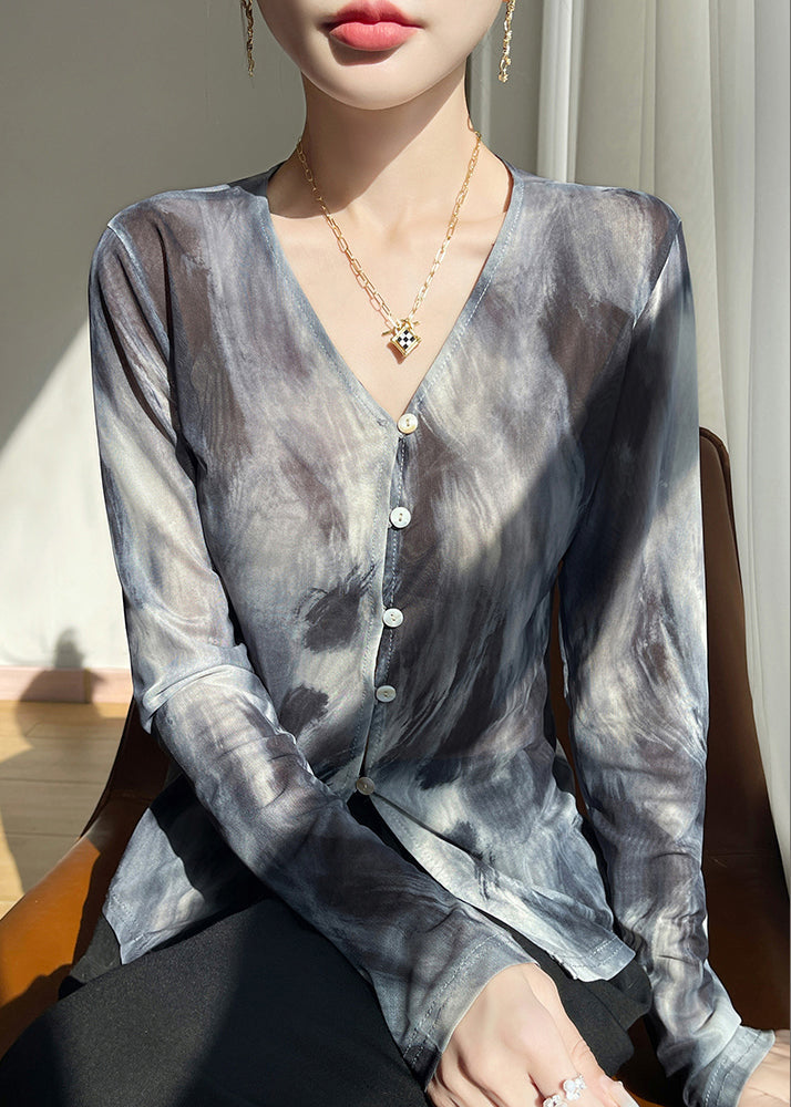 Stylish Grey V Neck Print Tulle T Shirt Fall