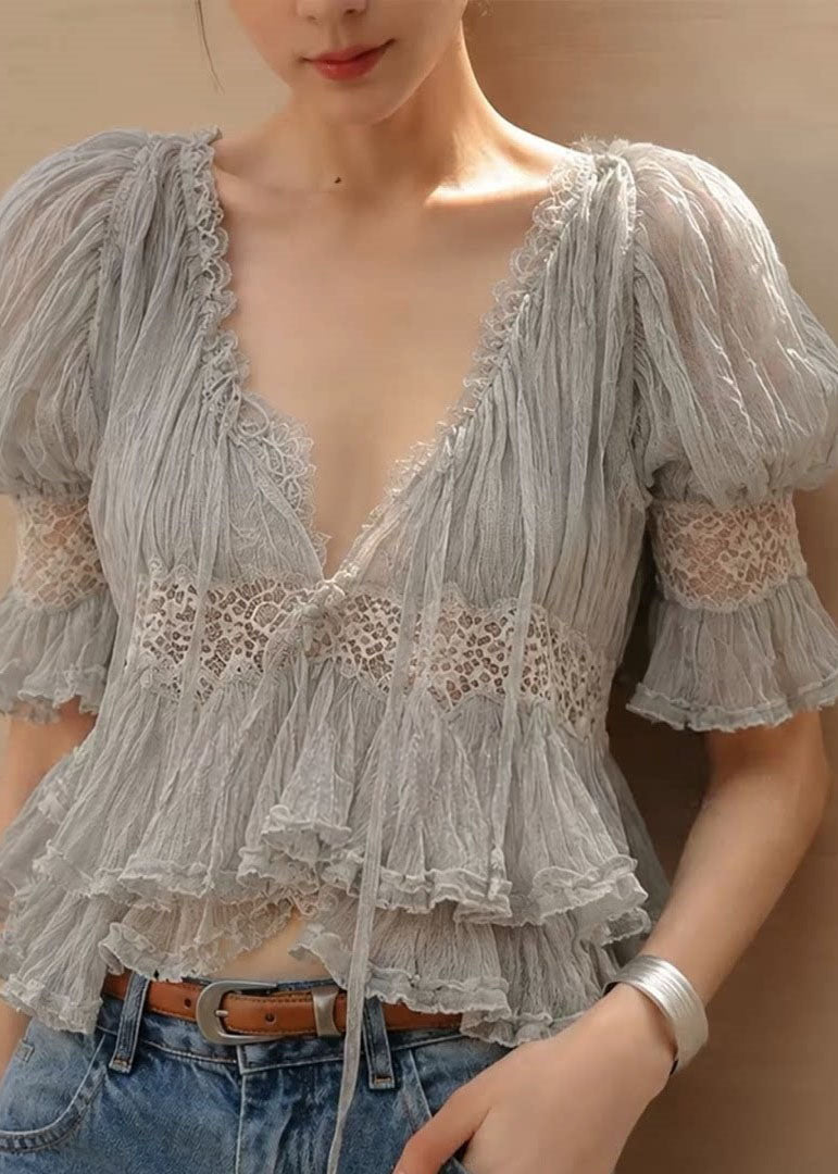Stylish Grey V Neck Tie Lace Hollow Out T Shirt Summer
