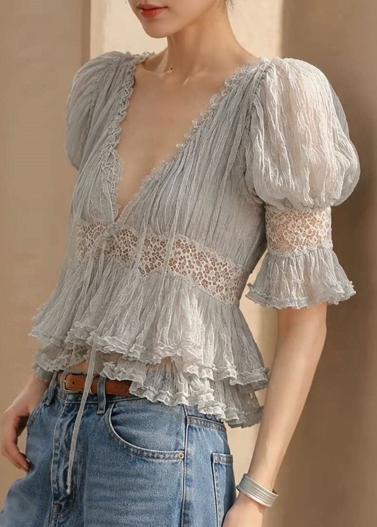 Stylish Grey V Neck Tie Lace Hollow Out T Shirt Summer