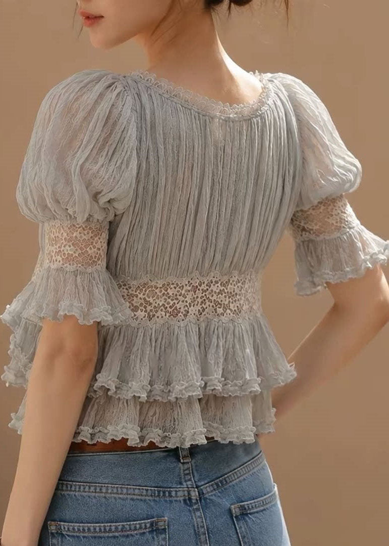 Stylish Grey V Neck Tie Lace Hollow Out T Shirt Summer