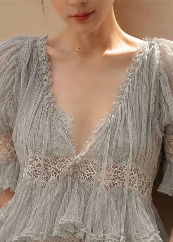 Stylish Grey V Neck Tie Lace Hollow Out T Shirt Summer