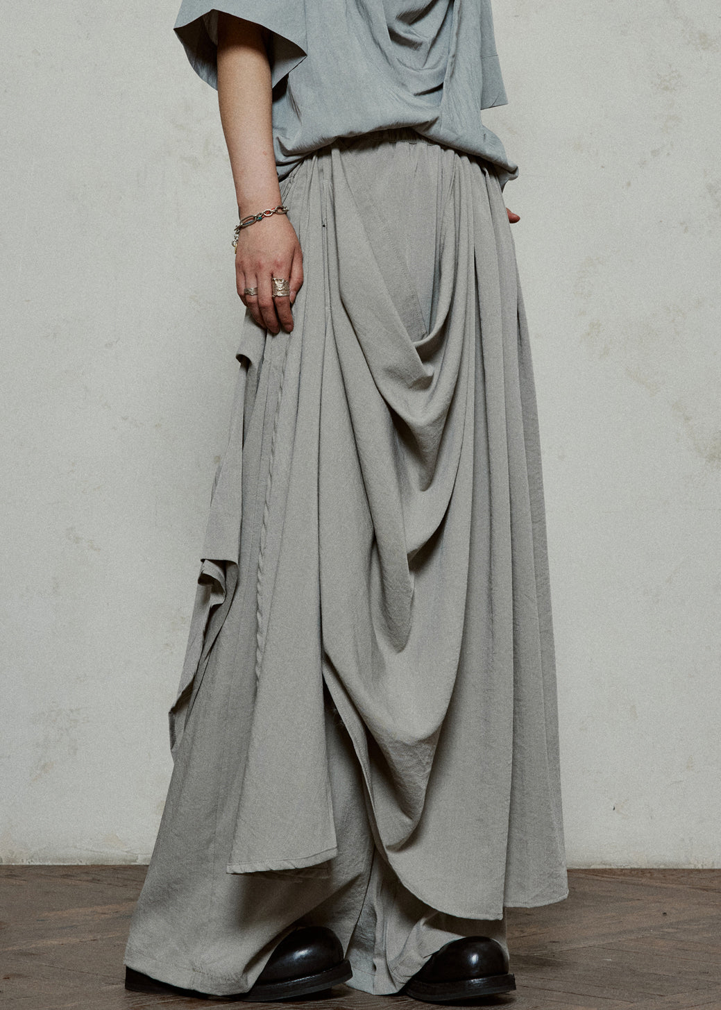 Stylish Grey Wrinkled Pockets Cotton Pants Skirt Summer
