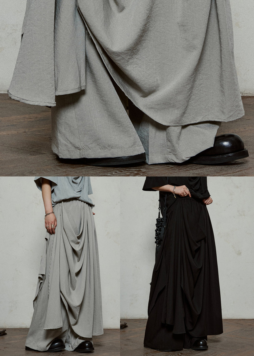 Stylish Grey Wrinkled Pockets Cotton Pants Skirt Summer