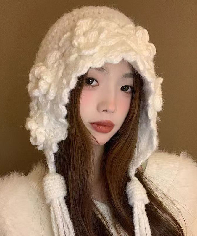 Stylish Handmade White Floral Tassel Knit Bonnie Hat