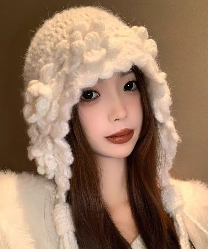 Stylish Handmade White Floral Tassel Knit Bonnie Hat