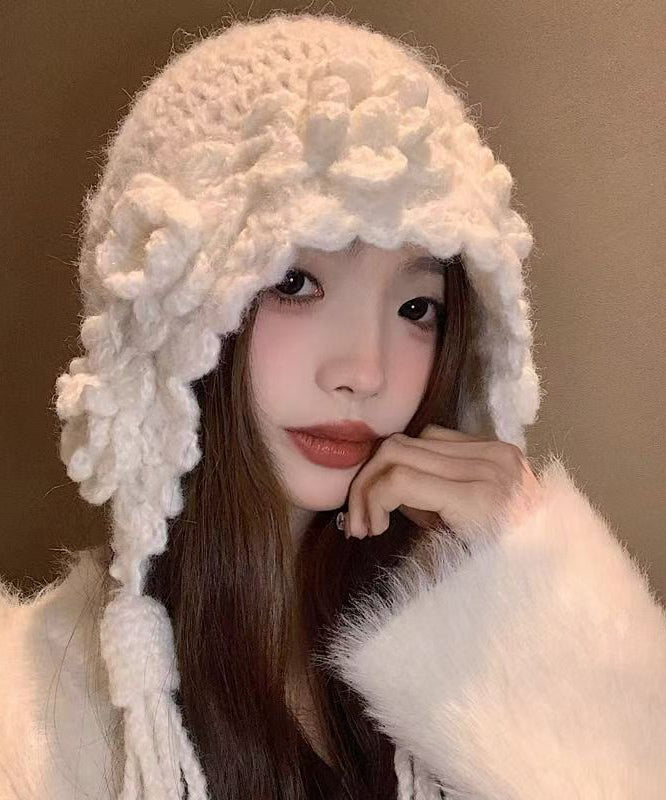 Stylish Handmade White Floral Tassel Knit Bonnie Hat