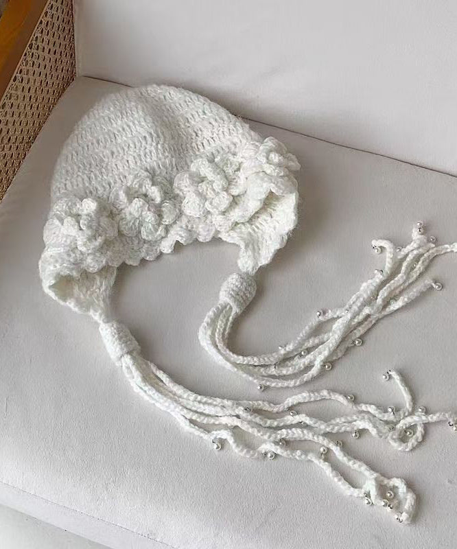 Stylish Handmade White Floral Tassel Knit Bonnie Hat