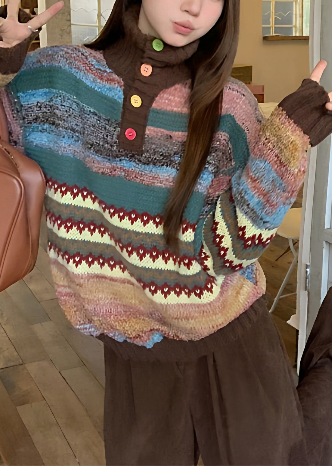 Stylish Hign Neck Striped Knit Short Sweater Winter