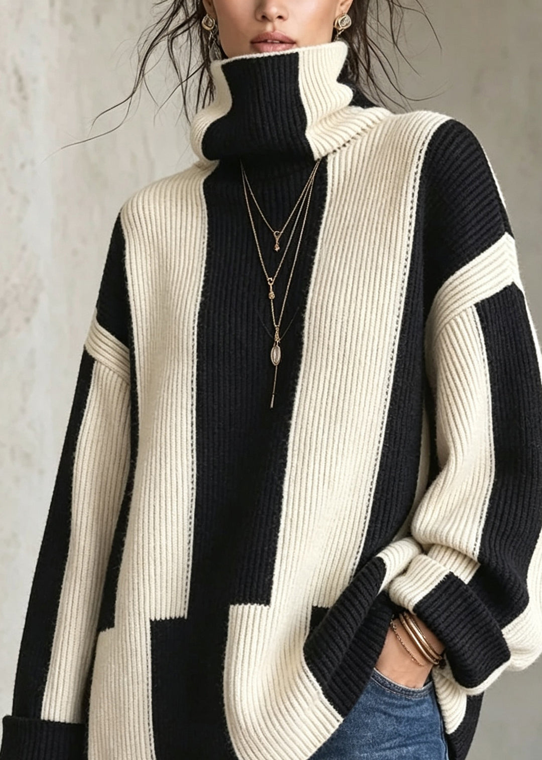 Stylish Hign Neck Thick Striped Patchwork Knit Sweaters Fall