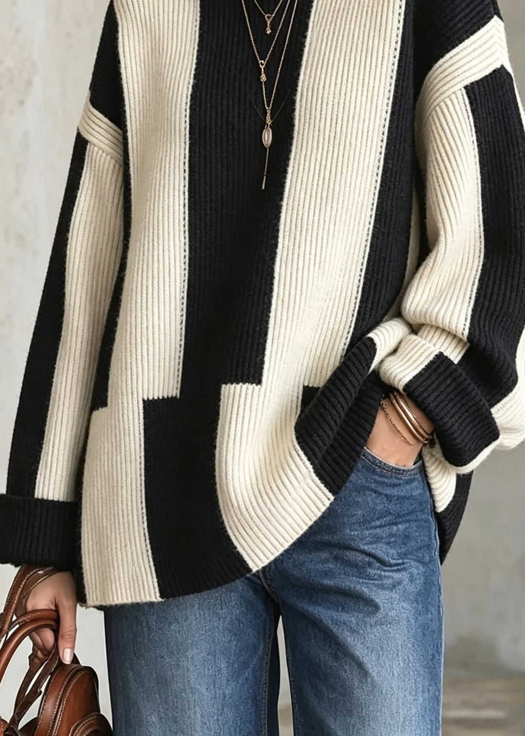 Stylish Hign Neck Thick Striped Patchwork Knit Sweaters Fall