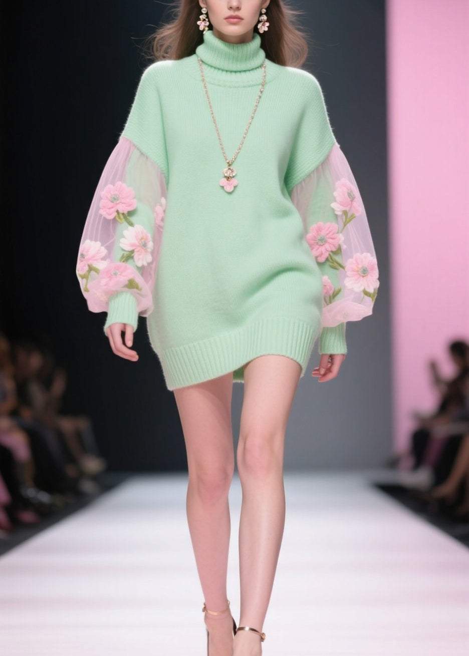 Stylish Hign Neck Tulle Patchwork Knit Sweater Dress Winter