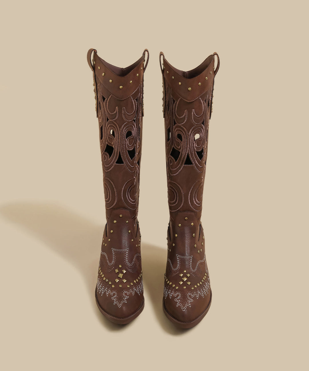 Stylish Hollow Out Rivet Splicing Chunky Boots Brown Faux Leather