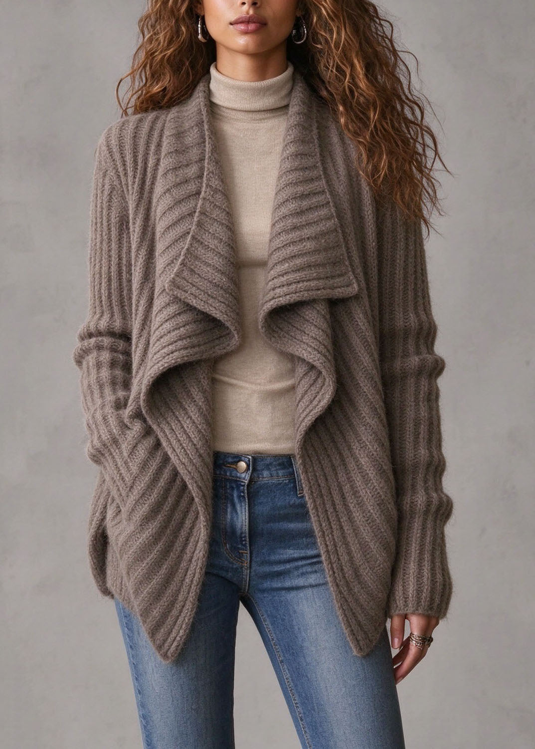 Stylish Khaki Asymmetrical Wrinkled Knit Cardigan Fall