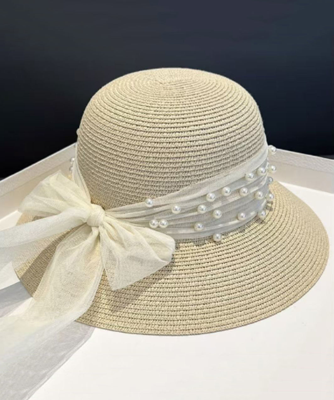 Stylish Khaki Bow Nail Bead Straw Woven Floppy Sun Hat