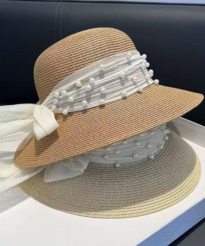 Stylish Khaki Bow Nail Bead Straw Woven Floppy Sun Hat