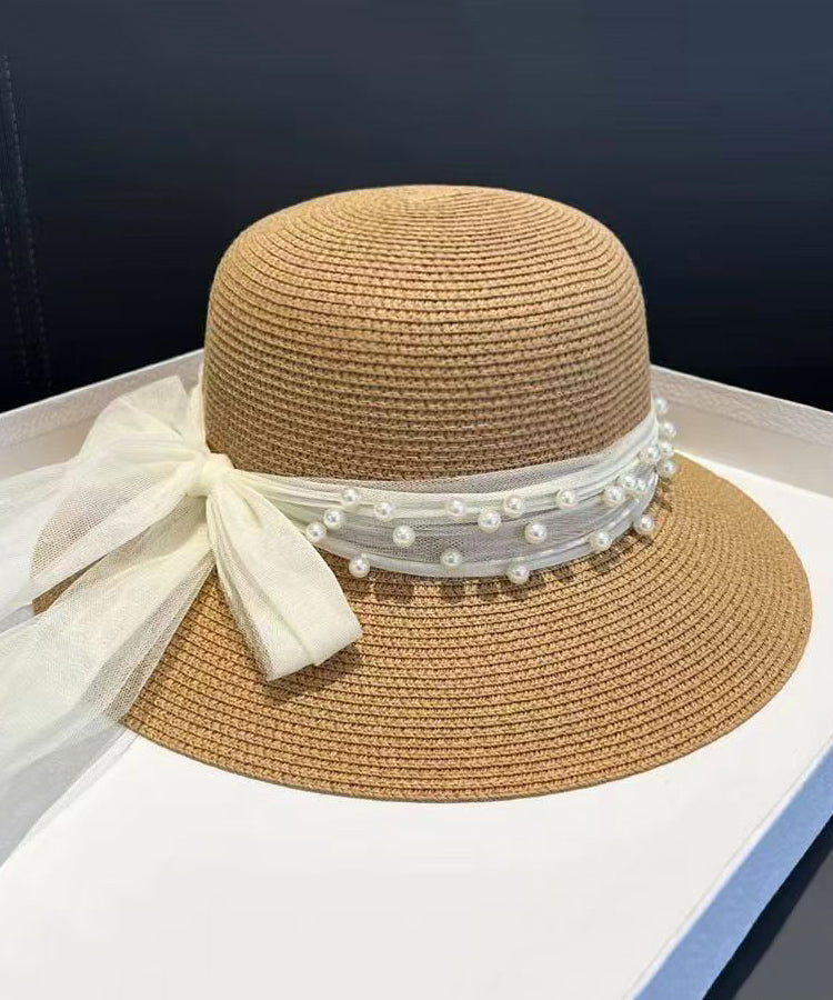 Stylish Khaki Bow Nail Bead Straw Woven Floppy Sun Hat