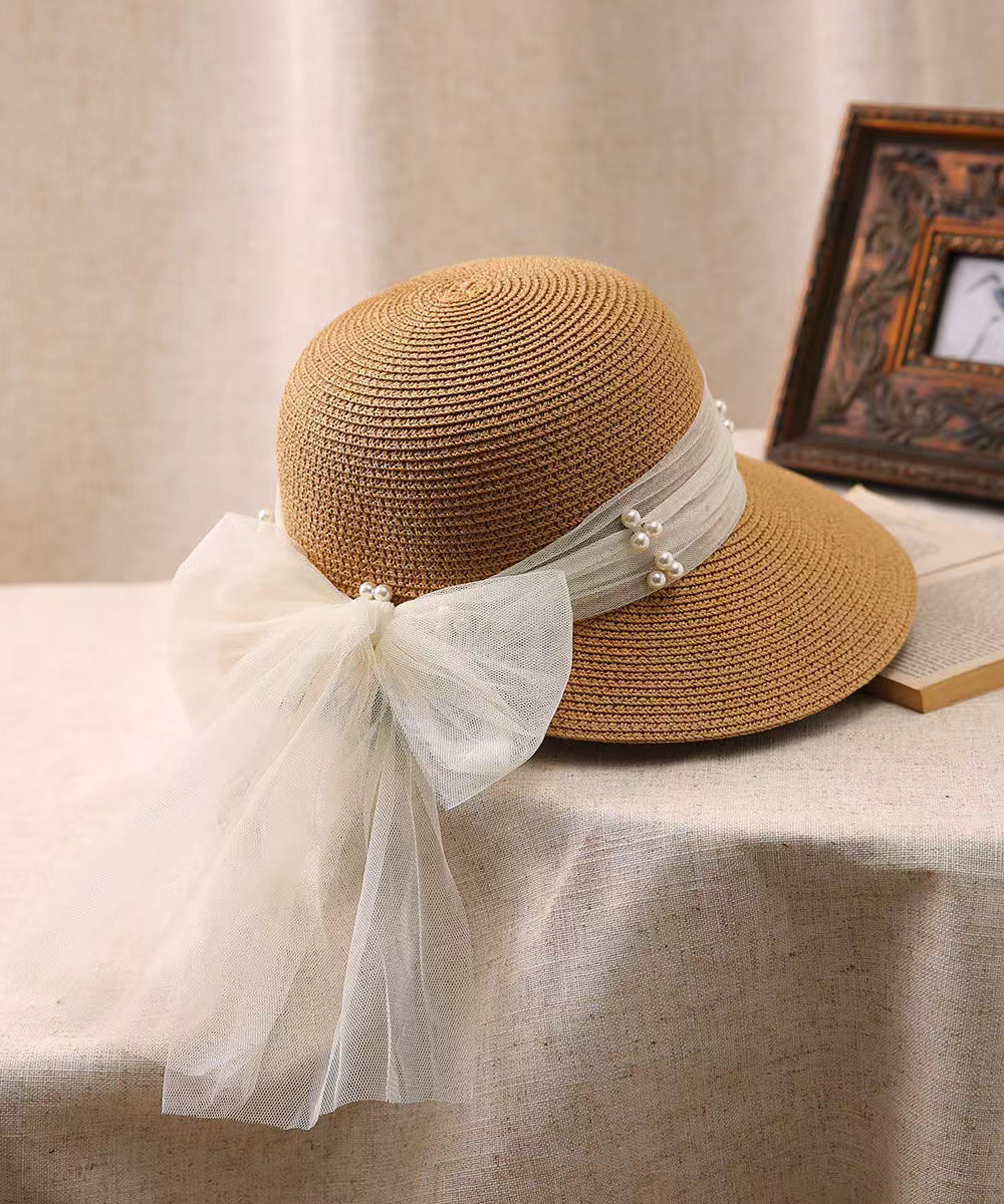 Stylish Khaki Bow Nail Bead Straw Woven Sun Hat