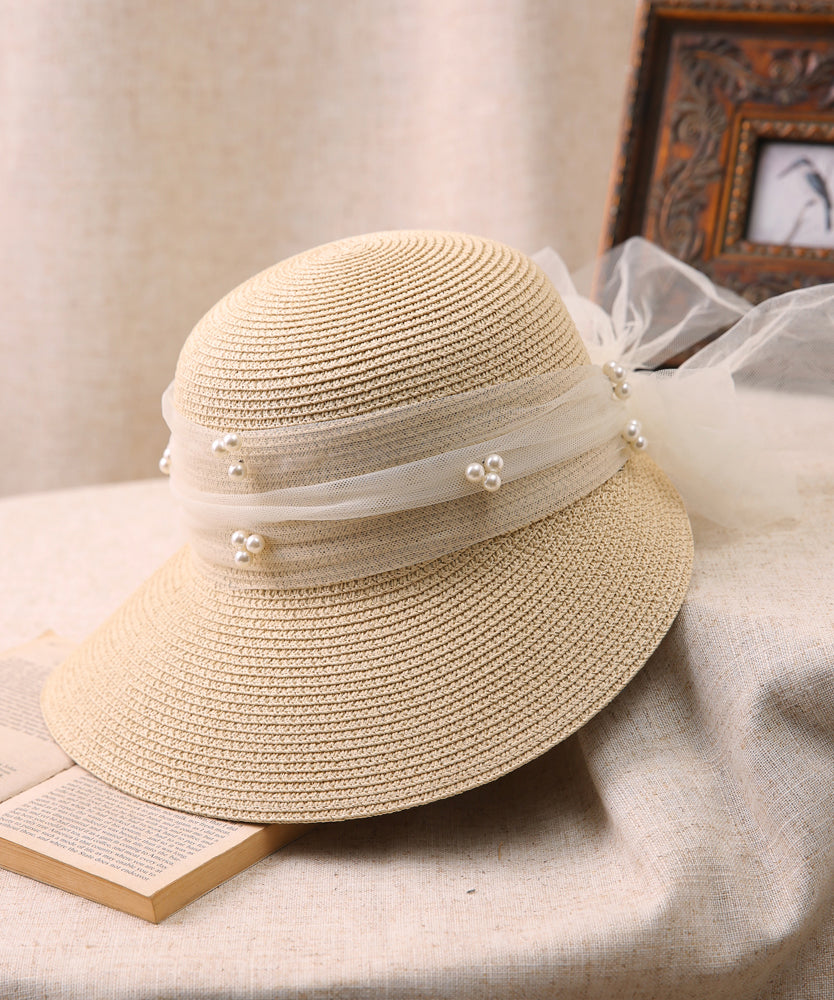 Stylish Khaki Bow Nail Bead Straw Woven Sun Hat