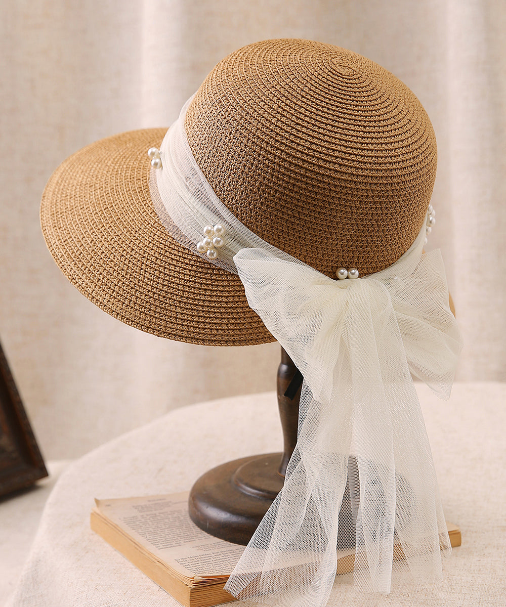 Stylish Khaki Bow Nail Bead Straw Woven Sun Hat