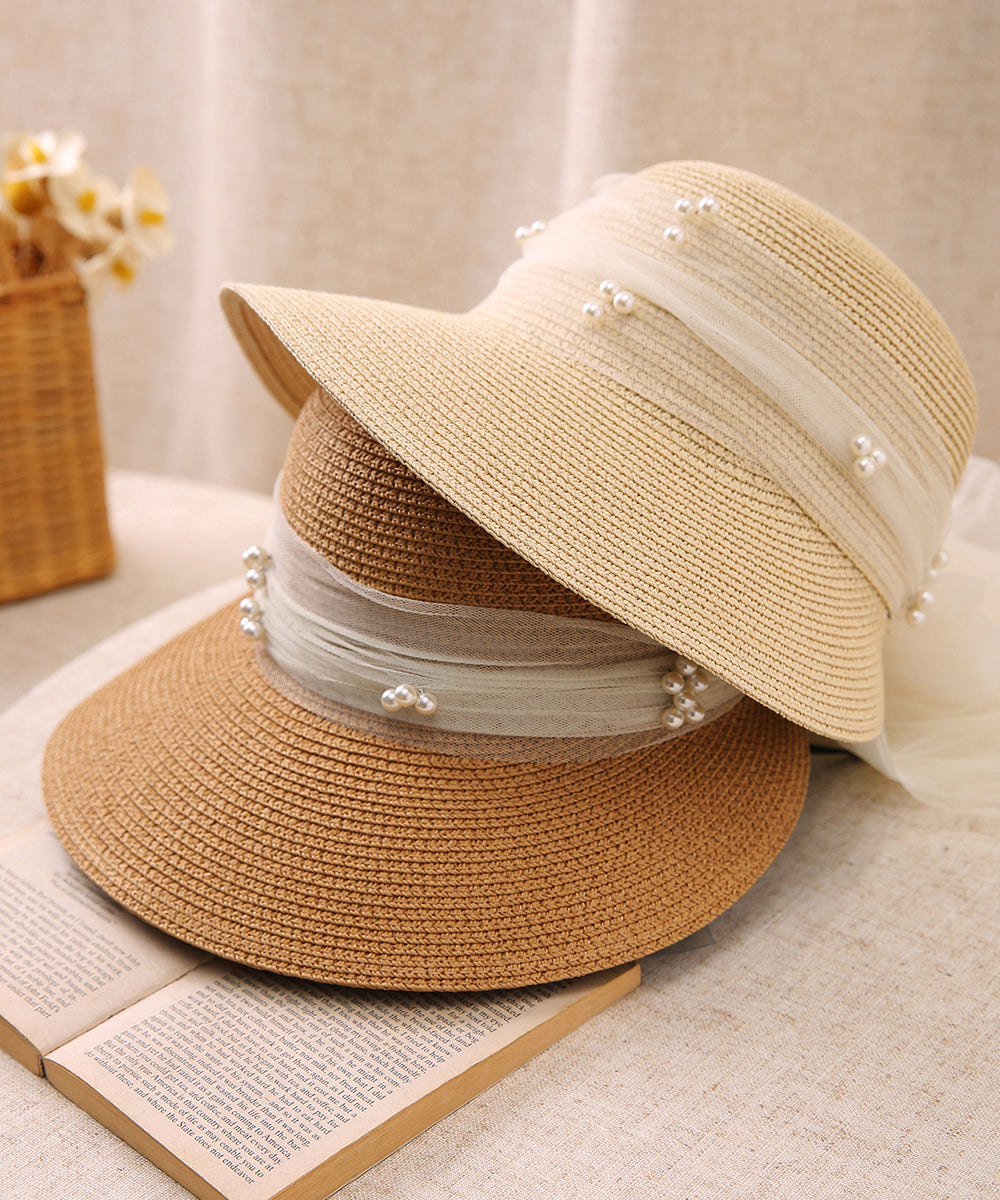 Stylish Khaki Bow Nail Bead Straw Woven Sun Hat