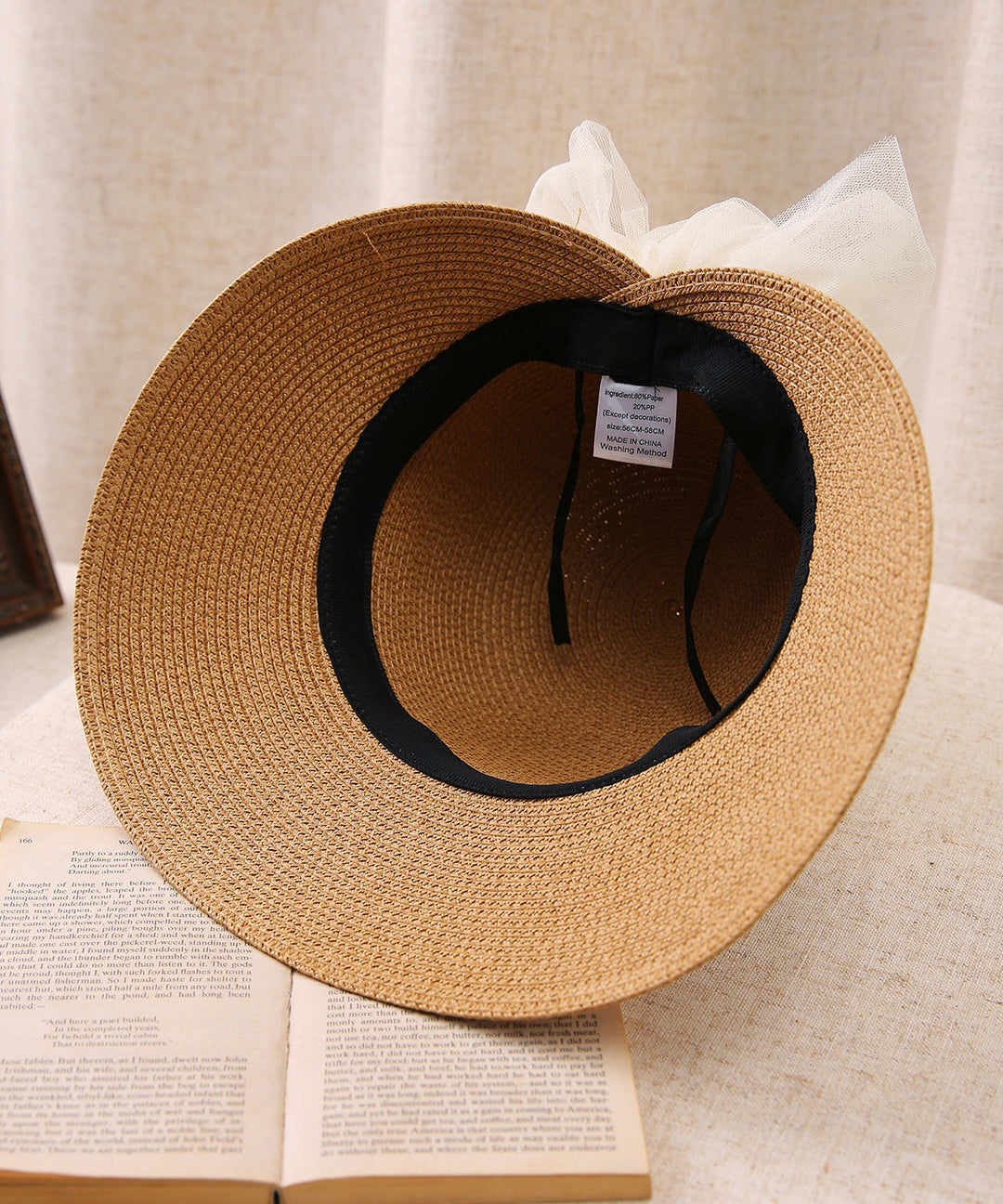 Stylish Khaki Bow Nail Bead Straw Woven Sun Hat