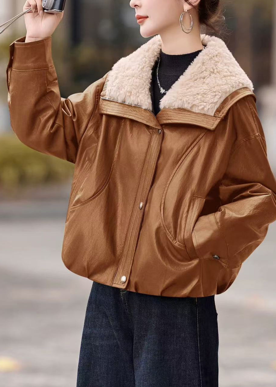Stylish Khaki Fur Collar Thick Duck Down Faux Leather Coat Outwear Winter