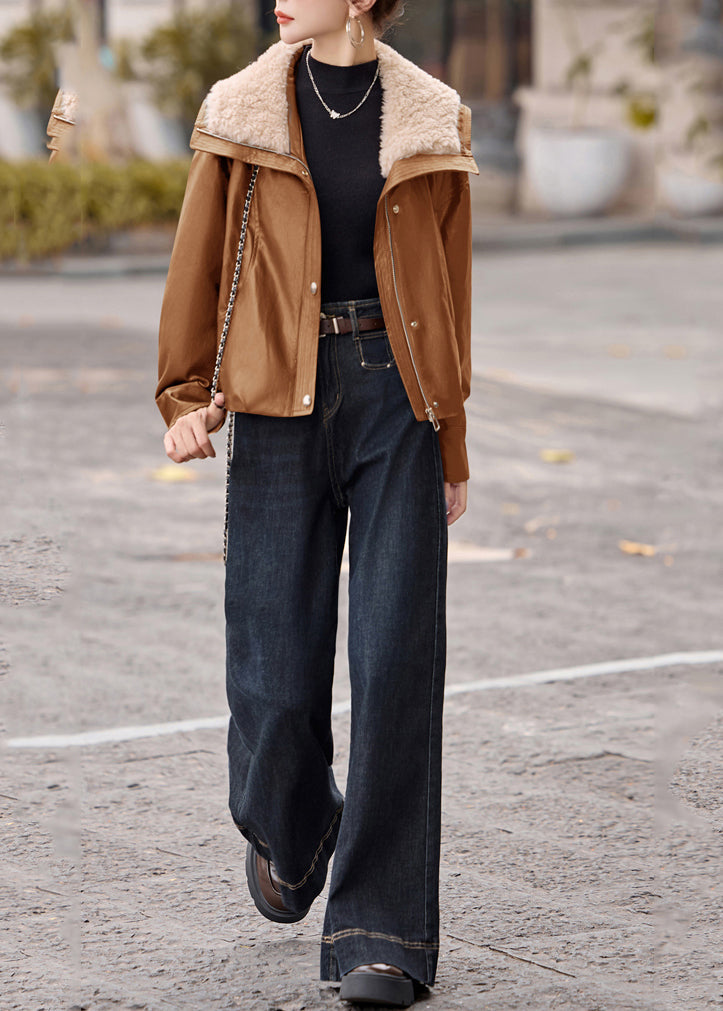 Stylish Khaki Fur Collar Thick Duck Down Faux Leather Coat Outwear Winter