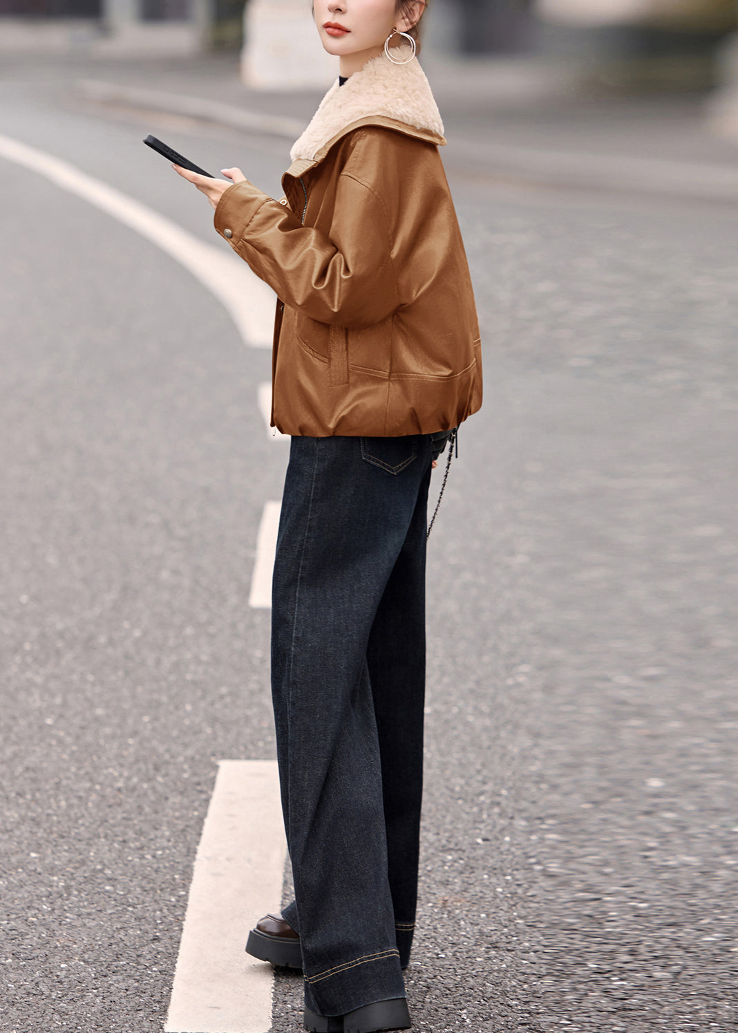 Stylish Khaki Fur Collar Thick Duck Down Faux Leather Coat Outwear Winter