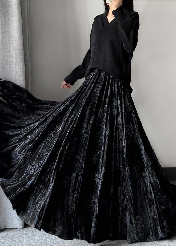 Stylish Khaki Jacquard Exra Large Hem Silk Velvet Skirts Spring