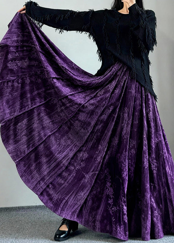 Stylish Khaki Jacquard Exra Large Hem Silk Velvet Skirts Spring