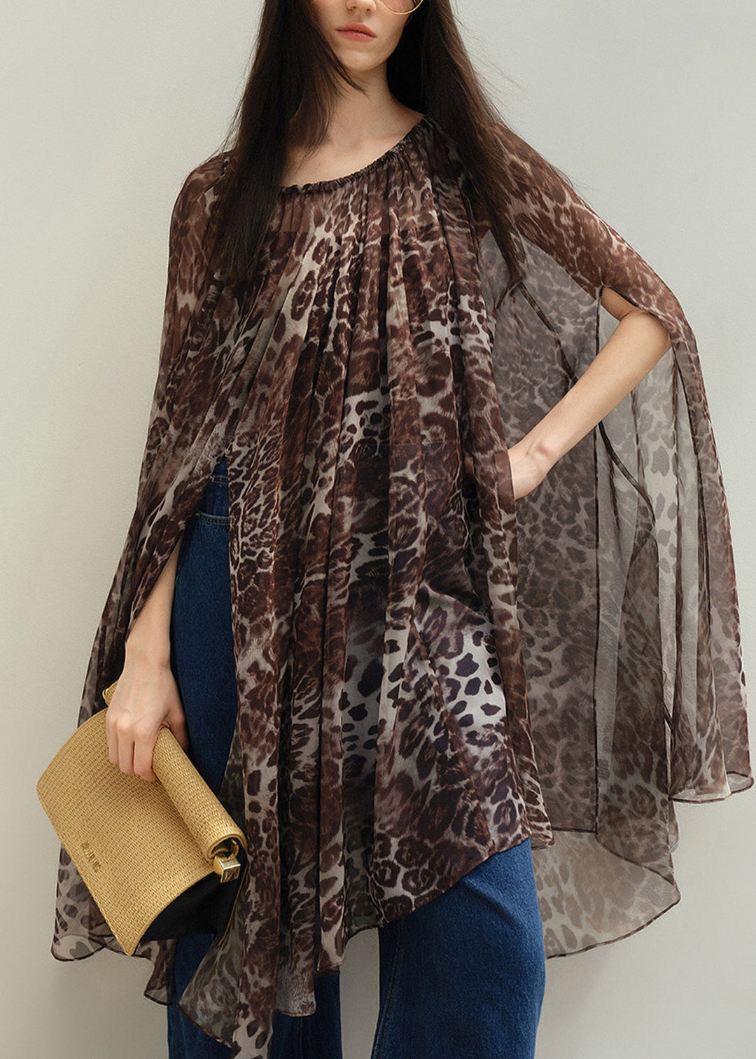 Stylish Khaki Leopard Print Chiffon Mid Dress Cloak Sleeves