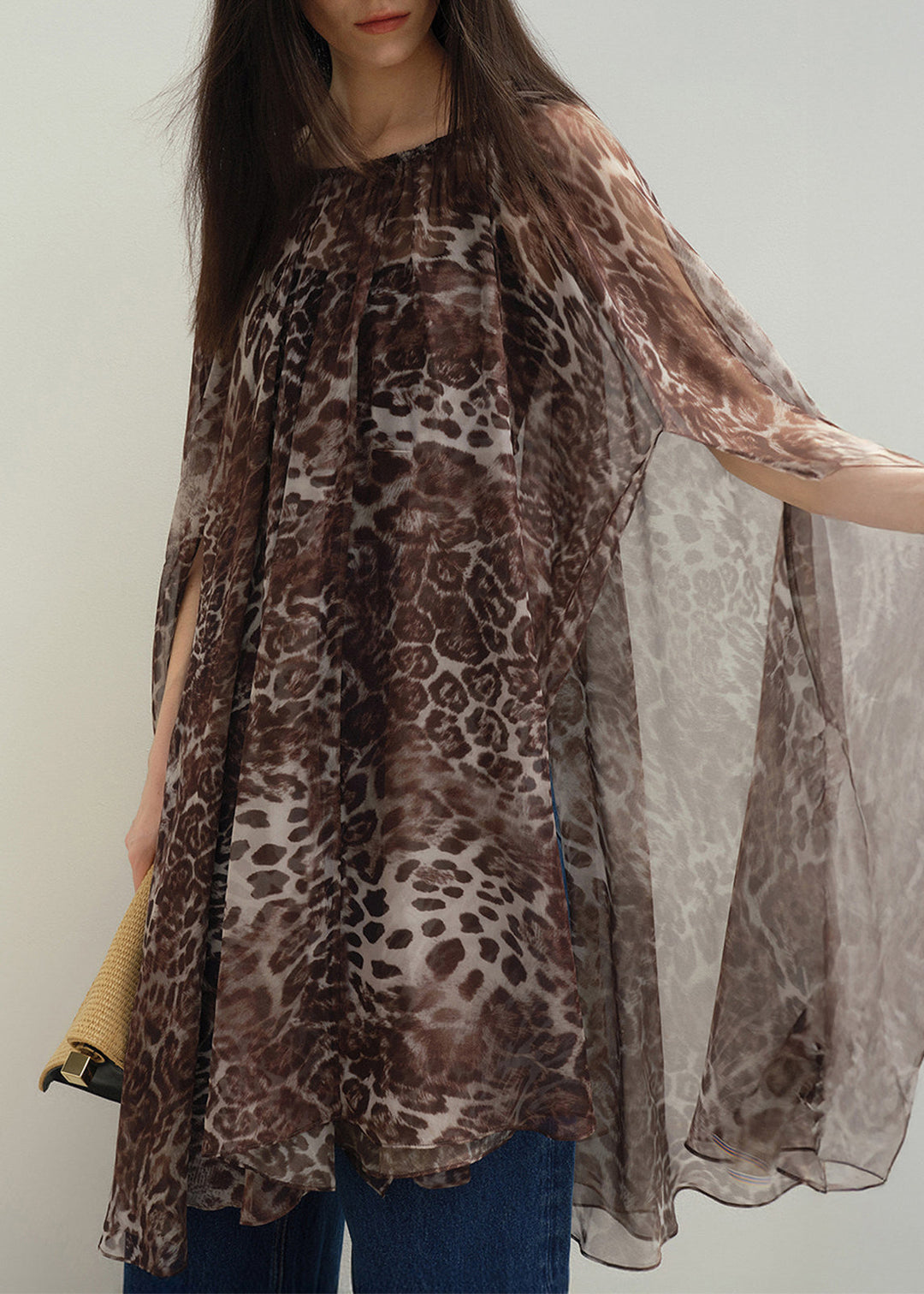 Stylish Khaki Leopard Print Chiffon Mid Dress Cloak Sleeves