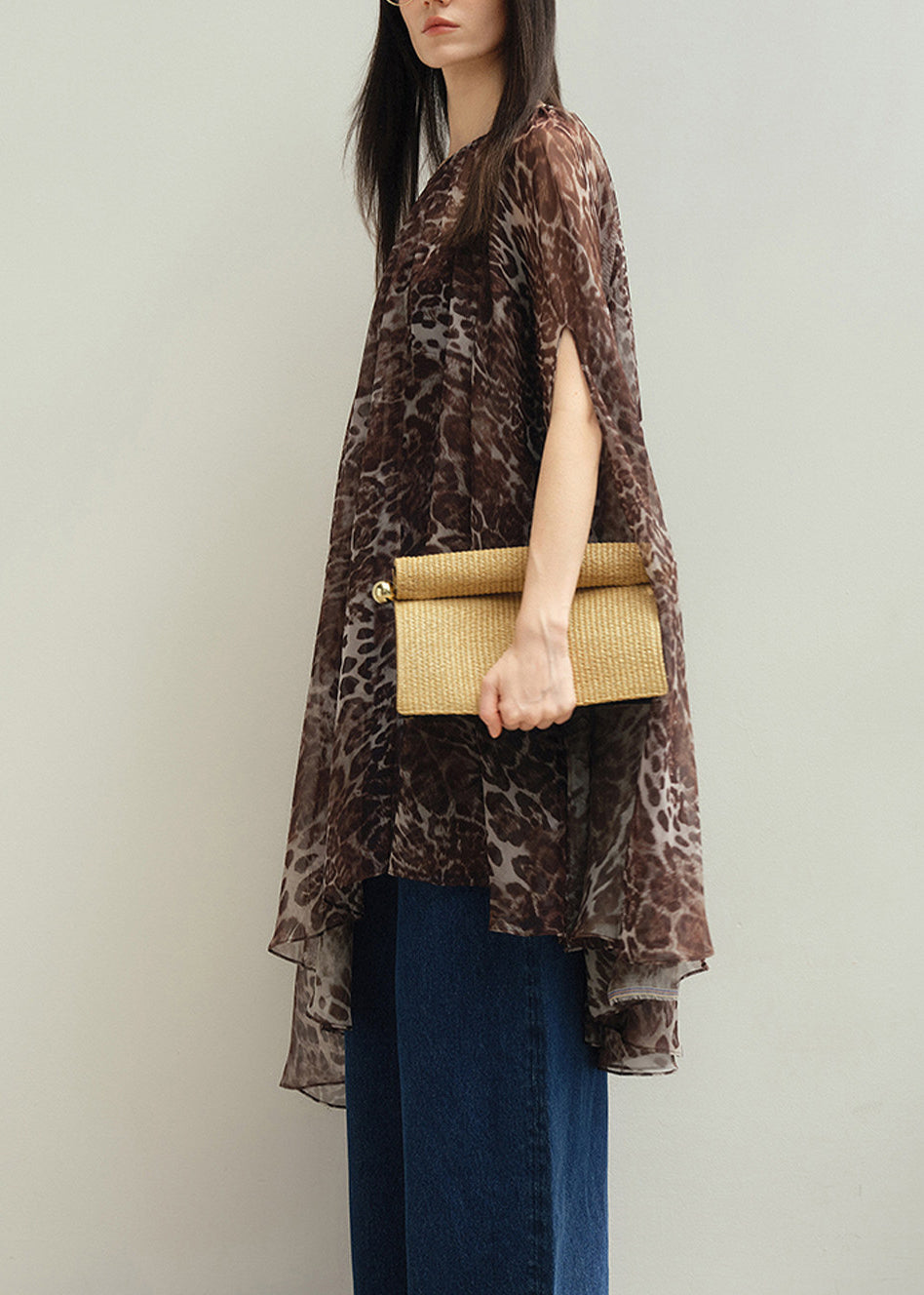 Stylish Khaki Leopard Print Chiffon Mid Dress Cloak Sleeves