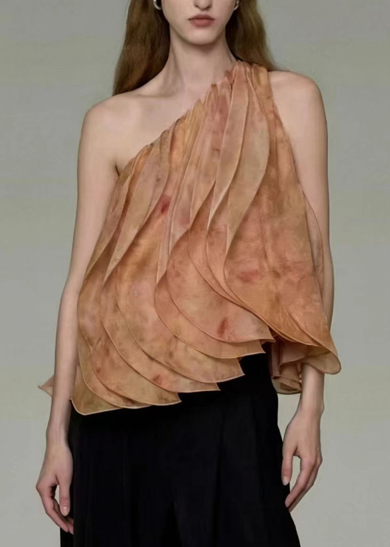 Stylish Khaki One Shoulder Tie Dye Tops Sleeveless