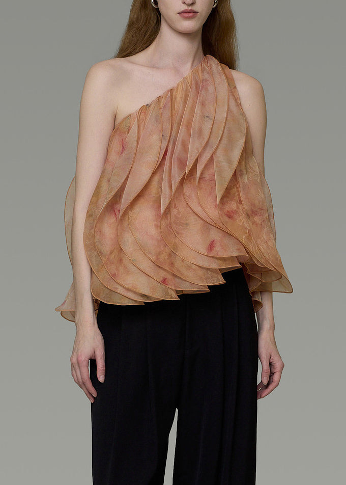 Stylish Khaki One Shoulder Tie Dye Tops Sleeveless