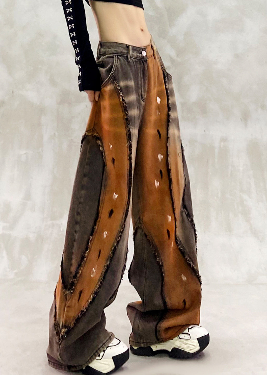 Stylish Khaki Oversized Patchwork Denim Pants Trousers Spring