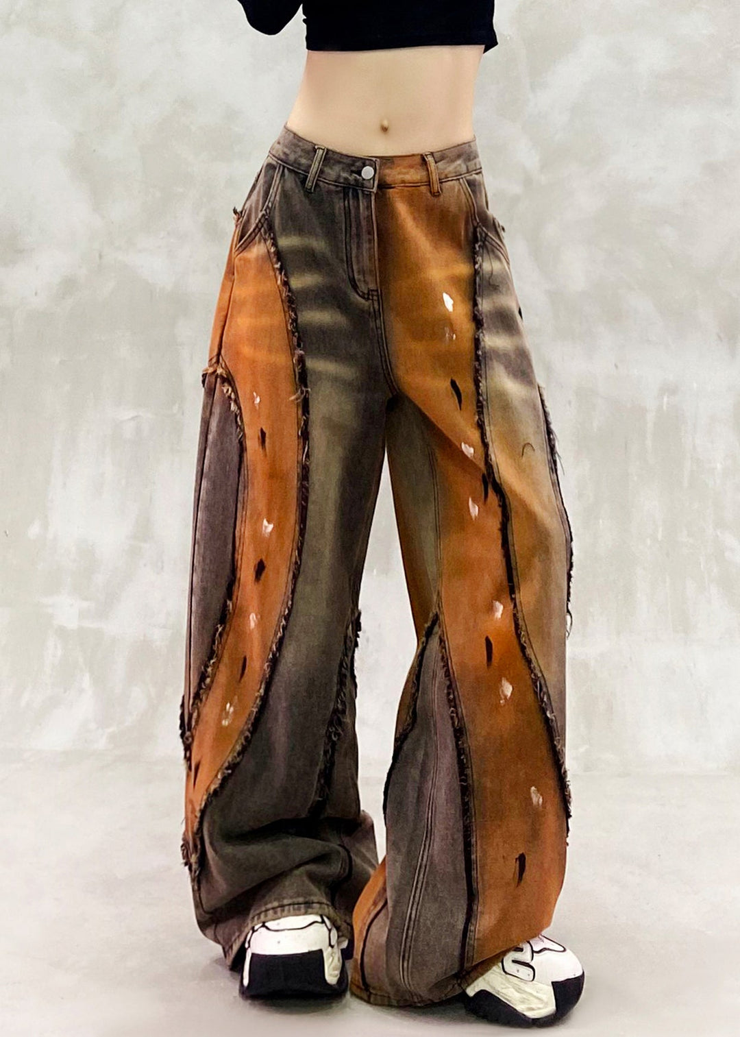 Stylish Khaki Oversized Patchwork Denim Pants Trousers Spring