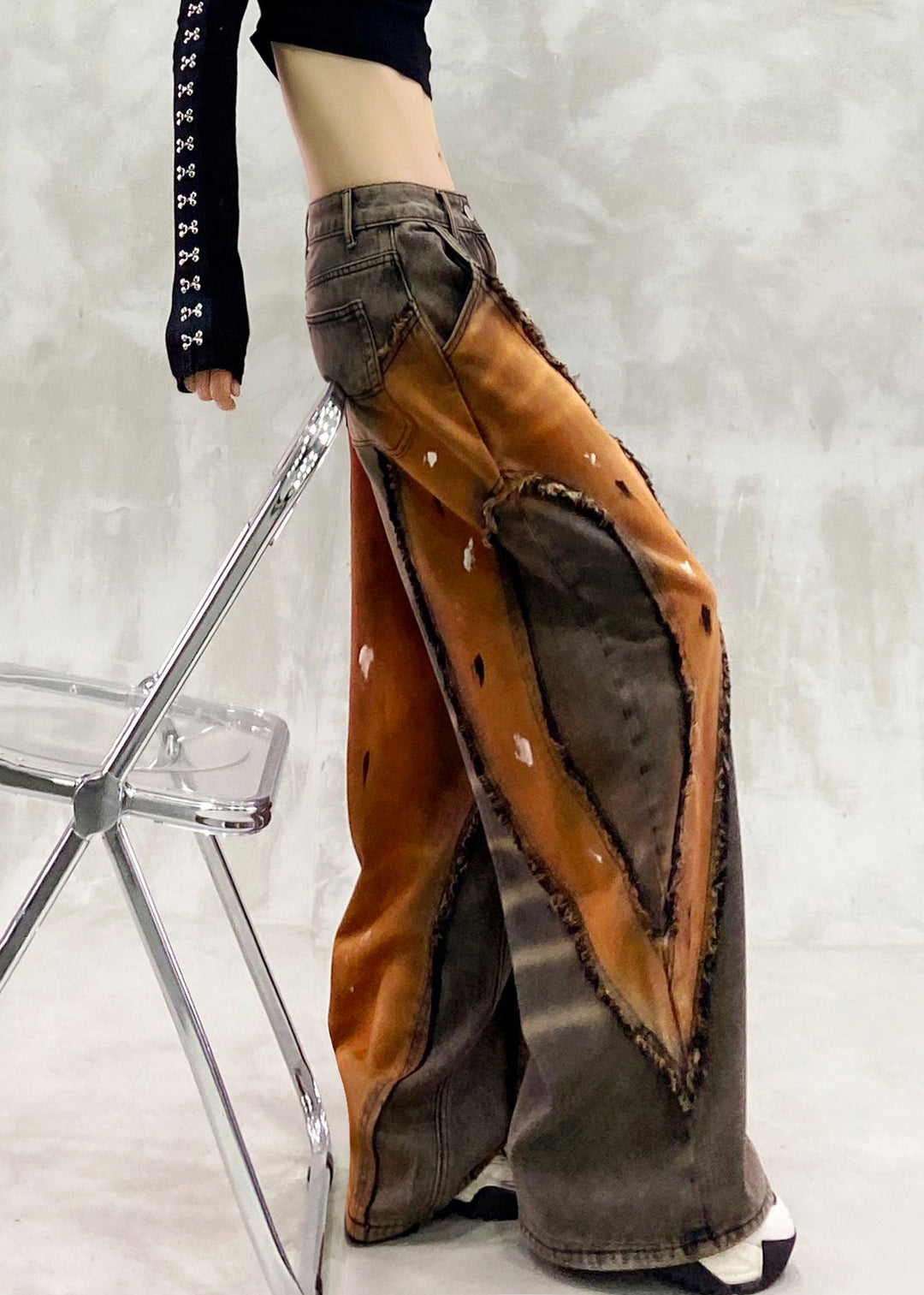 Stylish Khaki Oversized Patchwork Denim Pants Trousers Spring