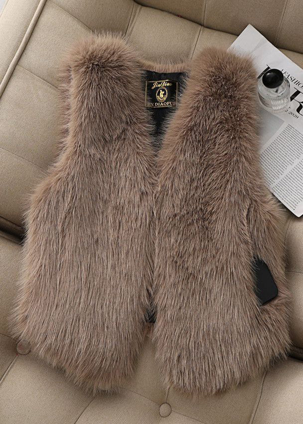 Stylish Khaki Oversized Warm Faux Fur Vests Winter