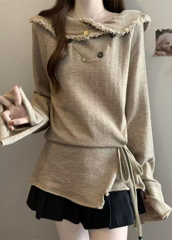 Stylish Khaki Peter Pan Collar Patchwork Tie Waist Sweatshirts Flare Sleeve