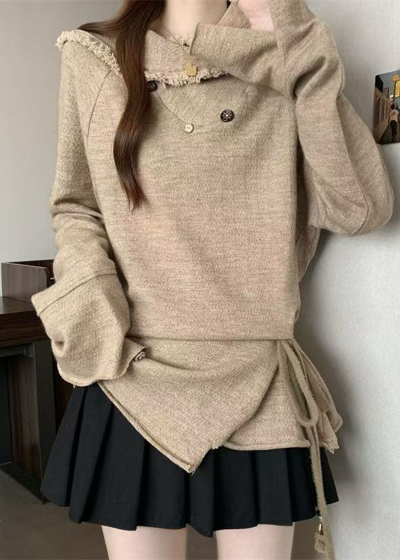 Stylish Khaki Peter Pan Collar Patchwork Tie Waist Sweatshirts Flare Sleeve