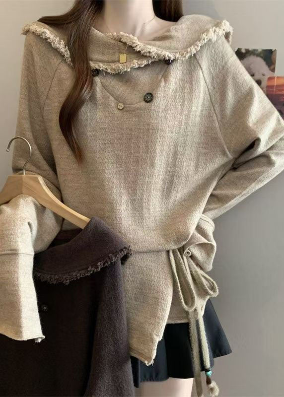 Stylish Khaki Peter Pan Collar Patchwork Tie Waist Sweatshirts Flare Sleeve