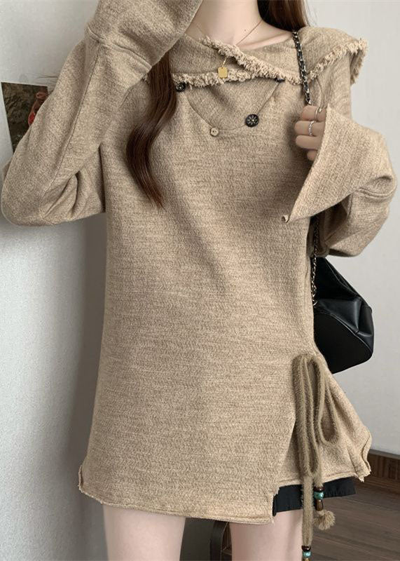 Stylish Khaki Peter Pan Collar Patchwork Tie Waist Sweatshirts Flare Sleeve