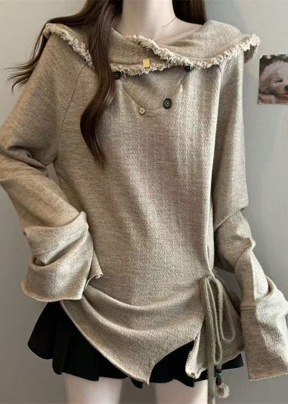 Stylish Khaki Peter Pan Collar Patchwork Tie Waist Sweatshirts Flare Sleeve