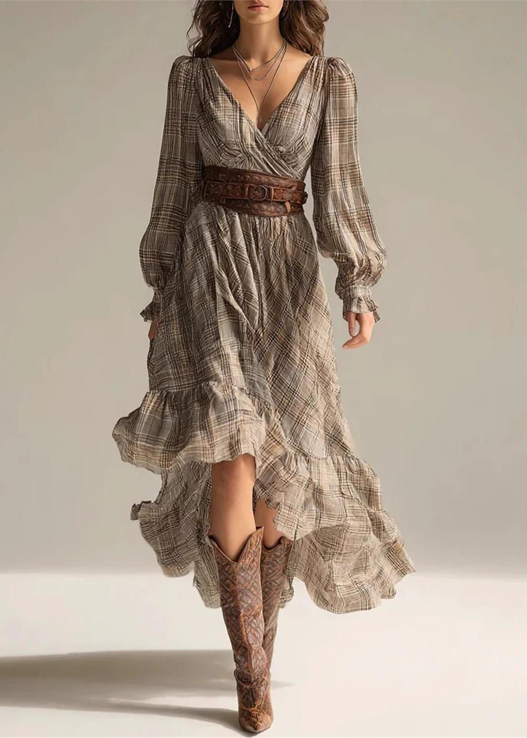 Stylish Khaki Plaid V Neck Asymmetrical Dresses Long Sleeve