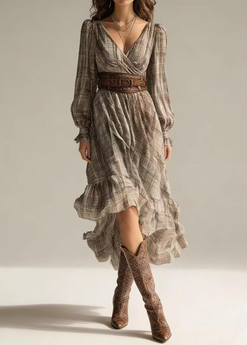 Stylish Khaki Plaid V Neck Asymmetrical Dresses Long Sleeve